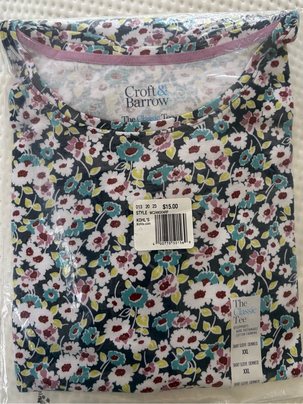 NWT Croft Barrow Classic Tee Cotton Knit Shirt Colorful Floral Crew Neck Sz XXL